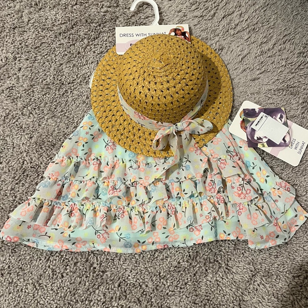 Baby Girl Floral Dress and Straw Hat Set